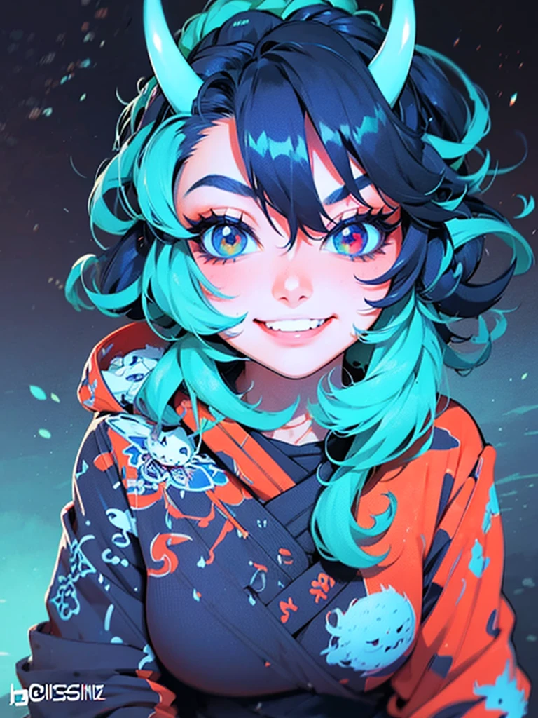 a girl with horns and a hoodie is staring at the camera, evil. vibrant colors. cute, demon anime girl, anime aesthetic, anime vibes, eerie art style, demon girl, digital art on pixiv, girl design lush horns, hyper colorful, guweiz on artstation pixiv, dreamy colorful cyberpunk colors, guweiz on pixiv artstation