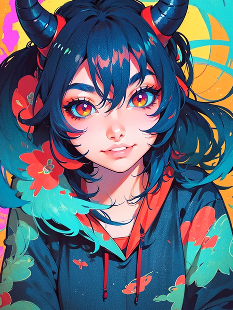 a girl with horns and a hoodie is staring at the camera, evil. vibrant colors. cute, demon anime girl, anime aesthetic, anime vibes, eerie art style, demon girl, digital art on pixiv, girl design lush horns, hyper colorful, guweiz on artstation pixiv, dreamy colorful cyberpunk colors, guweiz on pixiv artstation