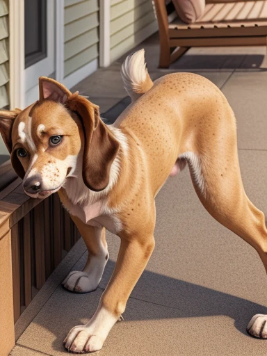 ((Naked Woman outside on the side walking on handsand knees)), ((walking on all four paws)), ((long fluffy dog tail)), ((wider hips)), ((woman reposition herself into dog stand)), ((hands turns into paws)), ((feet turns into paws)), ((woman with freckles)), (topless), brown freckles, freckled pale skin, (cute freckles), (small freckles), freckled, freckles!!!, (freckles), elegant freckles, (brown freckles), (with freckles), freckles on chicks, (dark noticeable freckles), (freckled face), (very brown freckles), rosy cheeks with freckles, (a lot of freckles), Lentigines, (breasts showing), 30 year old woman, ((freckled nose)), ((freckled chest)), hard showing, ((dog ears)) , (dog fur growing) , ((long dog nose)), blue eyes, ((bigger )), ((body reshapes into dog body)), ((anthro dog)), ((full dog transformation)), ((thick body)), ((short dog legs)), ((began like a dog)), (( fluffy)), fluffy woman, ((body fur)), ((animal nose)), muzzle, two-tone fur, gaze at the viewer, half-closed eyes, 1girl, solo, full body, (masterpiece:1.21), (best quality:1.2), (illustration:1.2), (cinematic lighting:1.3), ((detailed fur)), balanced coloring, global illumination, ray tracing, good lighting, a brown and white dog standing on a porch, harnesses, rosy cheeks with freckles, in an action pose