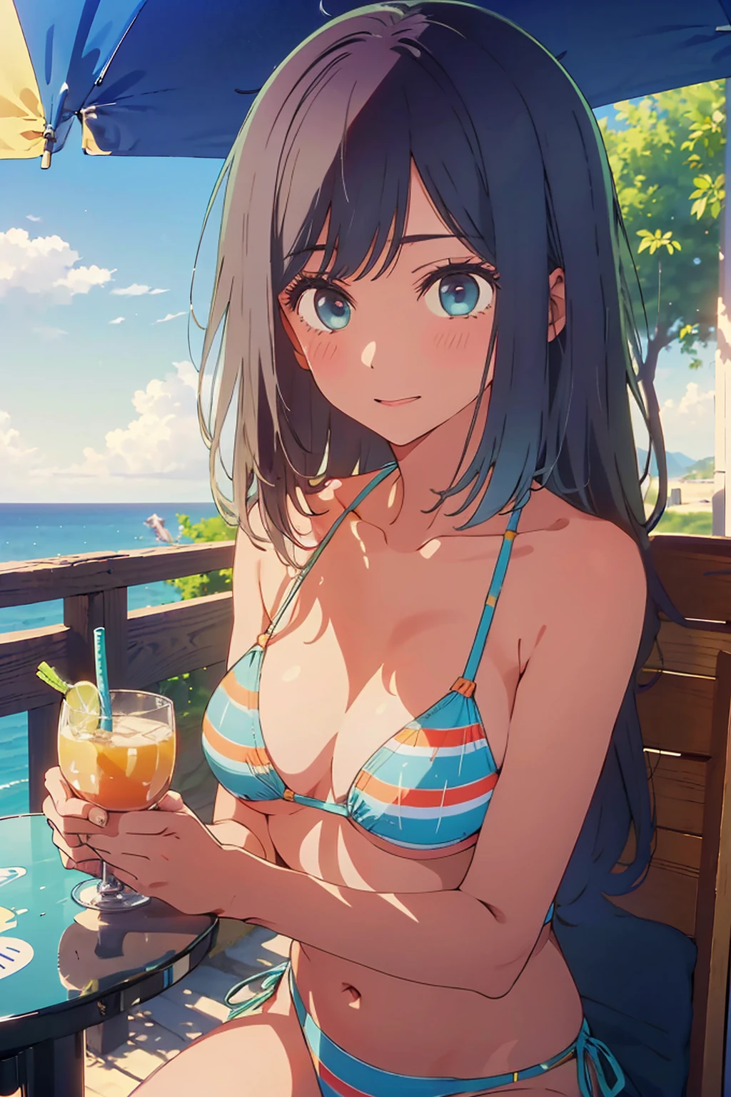 (Highest quality:1.4、masterpiece:1.4、Super detailed:1.4、8K:1.4)、((((1 person、Surprised expression、sit、Outdoor café terrace、coastal、juice、table、Sandy Beach、bikini、juiceのグラスを持つ、Big eyes、Shallow depth of field、Very cute face))))、(((sunset、Sunset)))、(((bikiniサイズは小さい)))、F cup bust、Big Breasts、Get up close and take a photo