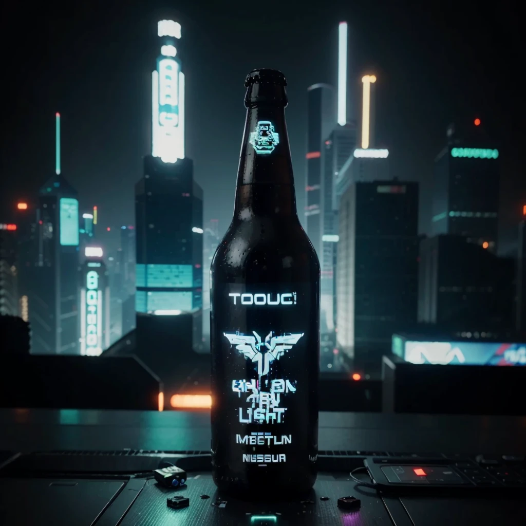 One bottle in the picture.A bottle of cyber beer presented in cyberpunk style, with characteristic elements: smooth, matte coating, decorated with bright neon luminous inserts.