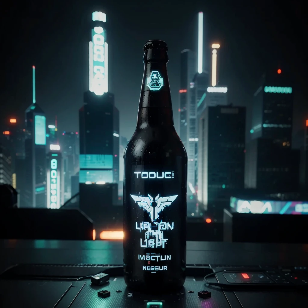 One bottle in the picture.A bottle of cyber beer presented in cyberpunk style, with characteristic elements: smooth, matte coating, decorated with bright neon luminous inserts.