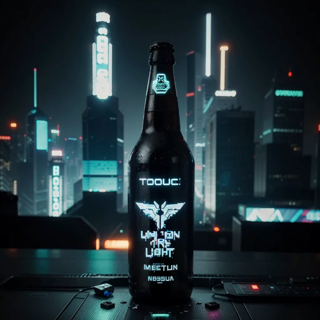 One bottle in the picture.A bottle of cyber beer presented in cyberpunk style, with characteristic elements: smooth, matte coating, decorated with bright neon luminous inserts. 