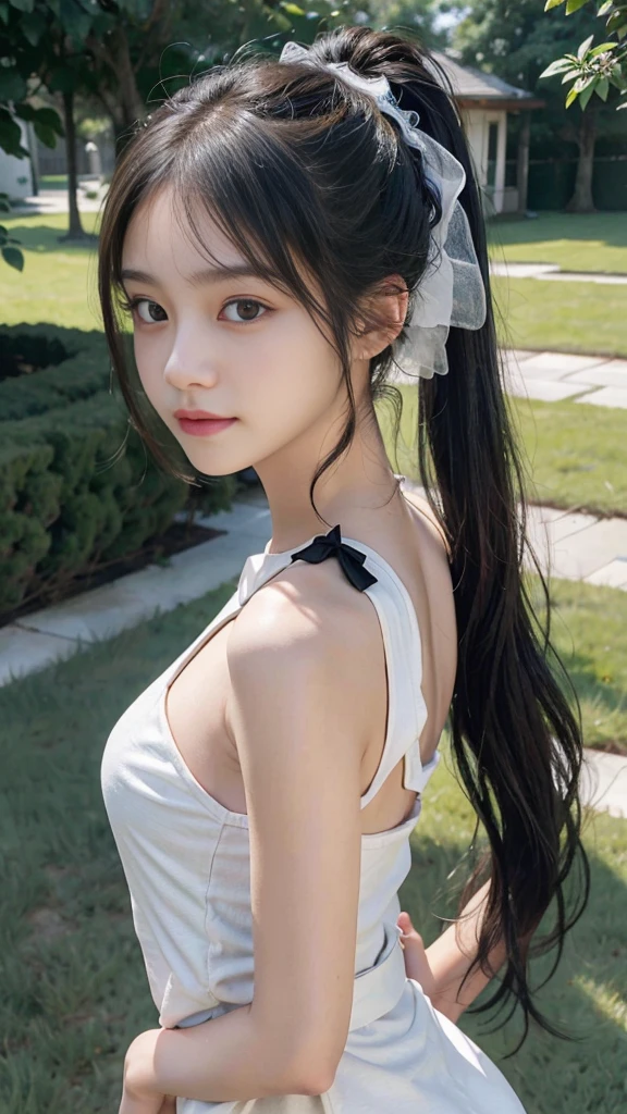 collared dress,european city park,On the lawn,One woman,masutepiece, The highest image quality, High quality, the background is clear,Beautiful woman, Japanese,Ultra-detailed, finely detail, hight resolution, 8K Wallpaper, Perfect dynamic composition, Beautiful detailed eyes , Detailed, Detailed eyes, Detailed skin, Beautiful skin, 超hight resolution, (reality: 1.4),Very beautiful woman, Slightly younger face, Beautiful skin, slender, (Ultra photo realsisim), (hight resolution), (8K), (Very detailed) (beautifully detailed eyes), (super detailed), (Detailed face), view the viewer, Fine details, Detailed face, Staring straight ahead, Staring straight ahead, photos realistic, Bright lighting, Professional Lighting, Black hair,poneyTail,a baby face,sixteen years old,Hairstyle: ponytail,Long ponytail hairstyle,slight smile,neat and tidy clothing,Beautiful Japanese KPOP idol photo, hair style is ponytail, my eyes are double and wide, baby face, smile and look straight ahead, slender, small breasts,Close up face,