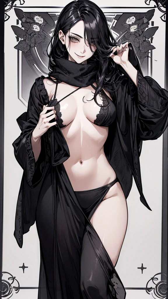 Highest quality, (Background details), High Contrast, Very beautiful woman, Detailed original illustrations, functional, Delicate face, Black Hair、Ninja, Ninja costume, scarf, Cover your face with a hand towel, charm, Naughty kid, sexy, Real breasts, Crazy Smile, Crazy Eyes, Black Robe, Black background, (Black background: 1. 5), Beautiful line art, Monochrome
