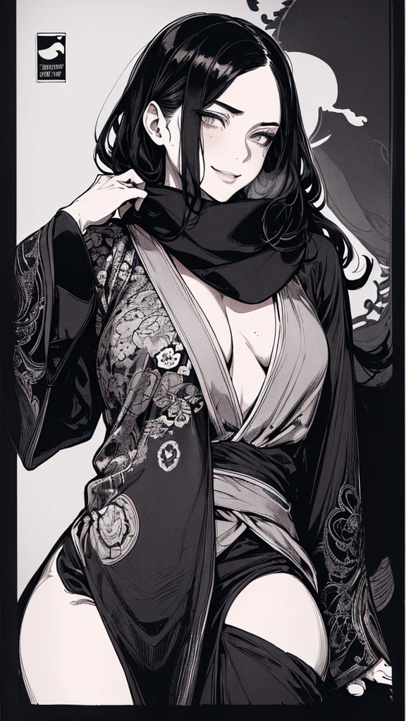 Highest quality, (Background details), High Contrast, Very beautiful woman, Detailed original illustrations, functional, Delicate face, Black Hair、Ninja, Ninja costume, scarf, Cover your face with a hand towel, charm, Naughty kid, sexy, Real breasts, Crazy Smile, Crazy Eyes, Black Robe, Black background, (Black background: 1. 5), Beautiful line art, Monochrome