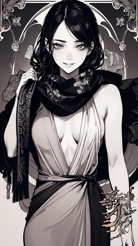 Highest quality, (Background details), High Contrast, Very beautiful woman, Detailed original illustrations, functional, Delicate face, Black Hair、Ninja, Ninja costume, scarf, Cover your face with a hand towel, charm, Naughty kid, sexy, Real breasts, Crazy Smile, Crazy Eyes, Black Robe, Black background, (Black background: 1. 5), Beautiful line art, Monochrome