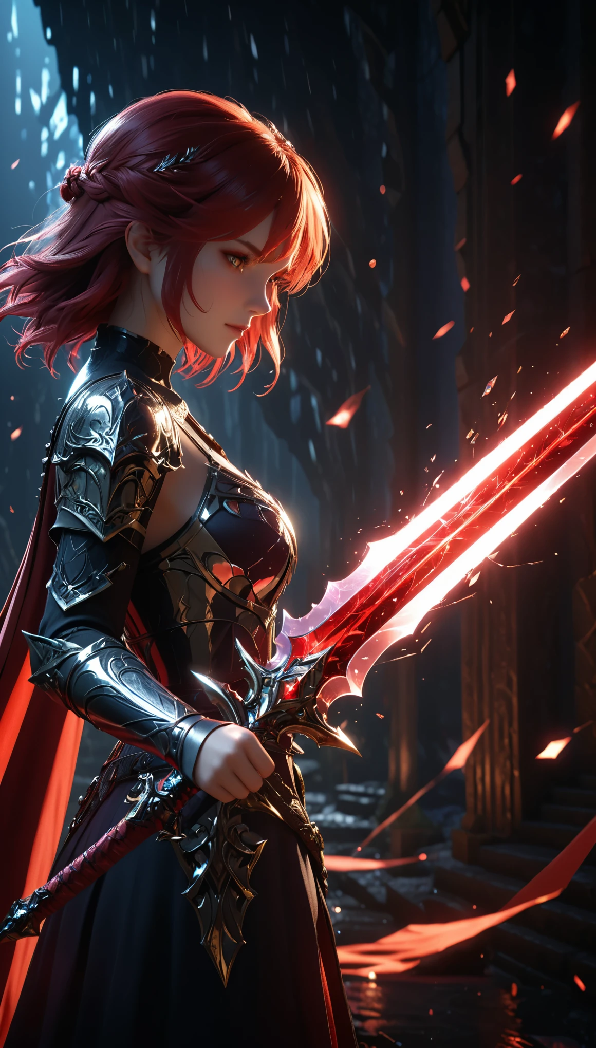 shattered glass,broken,refraction,Reflective,Light and Shadow Art,1 Girl half body close-up,Blurred foreground,Dynamic Action,Motion Blur,Luminescence(Giant Long Sword:1.8),Red light,Realistic sword,Broad blade,3d ,Unreal Engine,Rendering,scary shadows