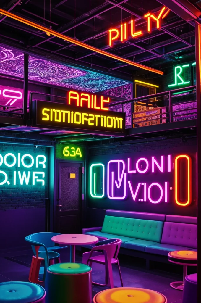 A lively and colorful scene of a creative party space, where a person is fully immersed in the energetic ambiance. The walls are adorned with dark brick, creating a striking contrast against the mesmerizing neon signs above a desk. The signs, arranged vertically, display phrases like 'Meeting', '2024', 'and', 'Party', 'Uthenthawai', '63', in a dazzling array of colors including orange, yellow, green, purple, pink, and blue. The eye-catching typography and the dynamic play of light and shadow generate an engaging and immersive experience. The atmosphere is bustling with activity, as people mingle and celebrate in this vibrant and unique environment., vibrant, typography