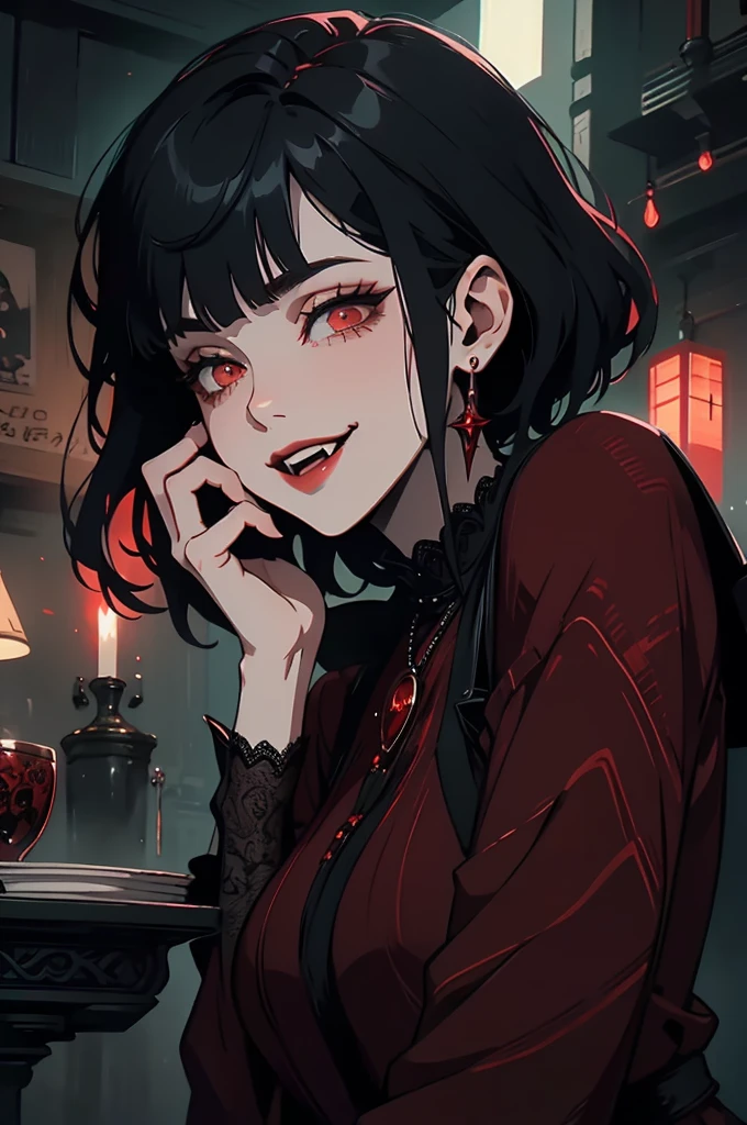 One, young woman, red coat, Red eyes , direct facial treatment, Short hair length, straight hair, straight bangs, color of light and gradient black stripes, Japanese style, long earrings, Snide smile, 48 years old, Japanese Setting, Red lipstick