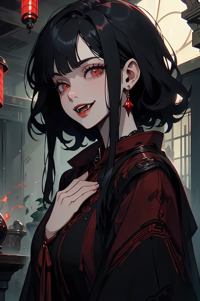 One, young woman, red coat, Red eyes , direct facial treatment, Short hair length, straight hair, straight bangs, color of light and gradient black stripes, Japanese style, long earrings, Snide smile, 48 years old, Japanese Setting, Red lipstick