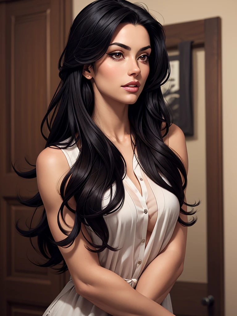 long style black hair, brown, and beautiful hair of a woman's cartoon .cartoon style illustration, cartoon art style, cartoon art style, digital illustration style, highly detailed character design, cute detailed digital art, City fan art, Portrait Character Design, beautiful digital illustration, high-quality portrait, thick lips, small-nose, clear blue eyes, beautfull woman, comic style Comic art, young man expressing sexual desire, thin, age face