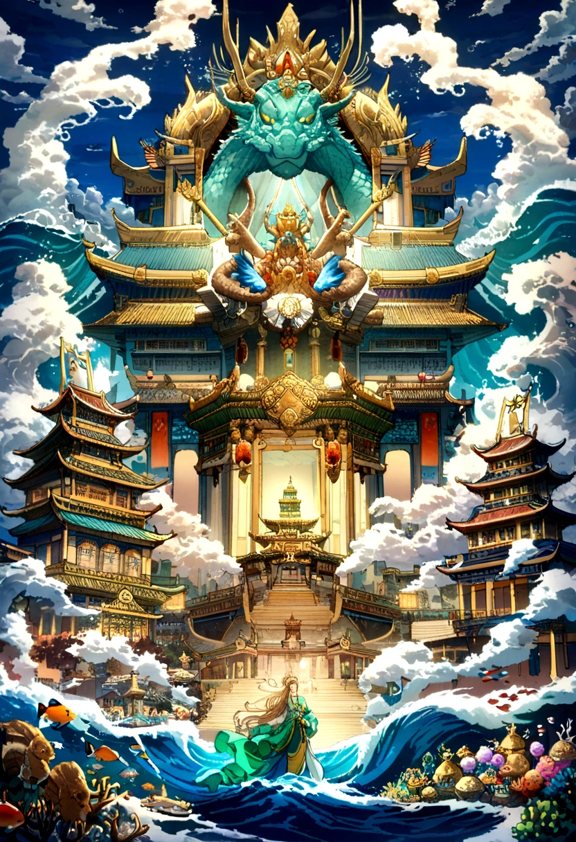 1. 中国myth, Dragon King of the East Sea, majestic, powerful, (deity:1.3), (Serpentine:1.2), (beard:0.8), (Whiskers:0.9), (Huge scale:1.5), scales, Vibrant colors, shimmering water, (Coral Reef:1.1), (Golden crown:1.2), (Dragon throne:1.4), (Flowing robe:1.1), (Dragon beard ornament:1.3), (Emerald eyes:1.2), (Pearl Necklace:1.2), (Golden Trident:1.4), (Suspension:1.1), (Sky Clouds:1.3), (Flashing bright lights:1.2), (waves crashing:1.3), (A palace full of treasures:1.5), (School of colorful fish:1.2), (Underwater city:1.4), Gorgeous, myth, Gorgeous, Extensive and detailed, standing with distance, Traditional Chinese architecture.