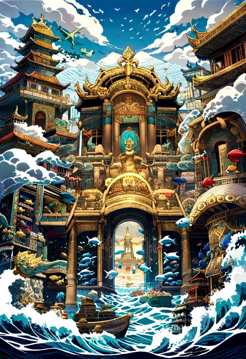 1. 中国myth, Dragon King of the East Sea, majestic, powerful, (deity:1.3), (Serpentine:1.2), (beard:0.8), (Whiskers:0.9), (Huge scale:1.5), scales, Vibrant colors, shimmering water, (Coral Reef:1.1), (Golden crown:1.2), (Dragon throne:1.4), (Flowing robe:1.1), (Dragon beard ornament:1.3), (Emerald eyes:1.2), (Pearl Necklace:1.2), (Golden Trident:1.4), (Suspension:1.1), (Sky Clouds:1.3), (Flashing bright lights:1.2), (waves crashing:1.3), (A palace full of treasures:1.5), (School of colorful fish:1.2), (Underwater city:1.4), Gorgeous, myth, Gorgeous, Extensive and detailed, standing with distance, Traditional Chinese architecture.