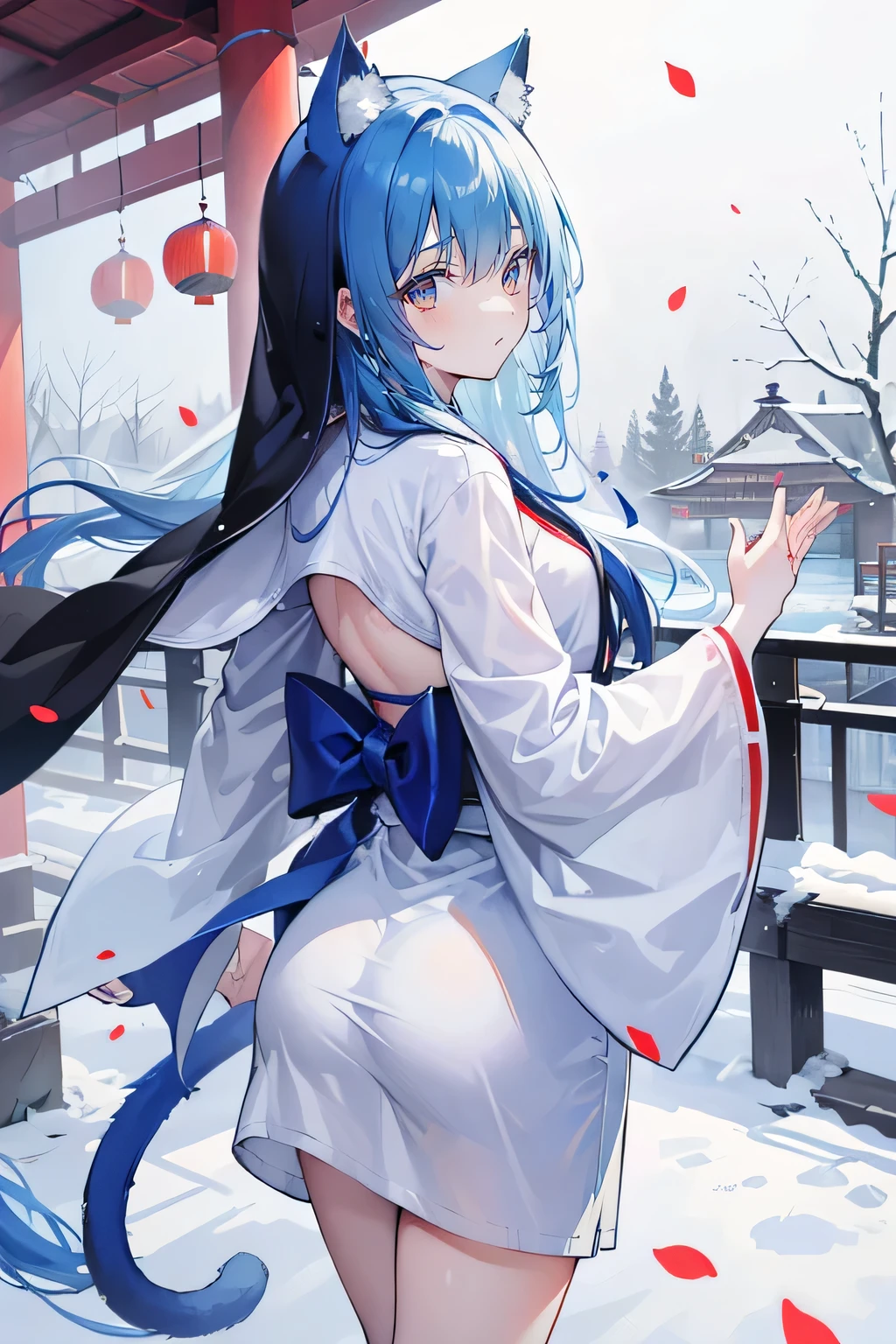 (masterpiece:1.2),Super detailed,lifelike,Expressive eyes,fair skin,perfect face shape,1 girl,
Japanese comics,Gorgeous blue hair,flowing blue hair,flowing clothes,Cat ears,Petals fall,beautiful lola,Baby Angel,
Shaking head with one hand,Cross your legs,Gentle and peaceful background,The pavilion is cool and comfortable,smile,back views,snowing, winter,nun's Clothes,stately church,。