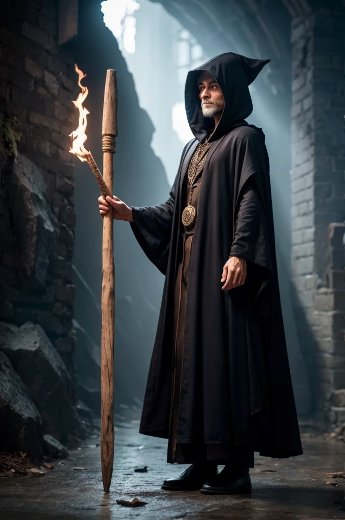 Mulher standing backwards e corpo inteiro com manto de mago, wizard vestes, with magic stick in hand, hooded cloak movement, old wizard cloak, standing backwards, White background, virado standing backwards