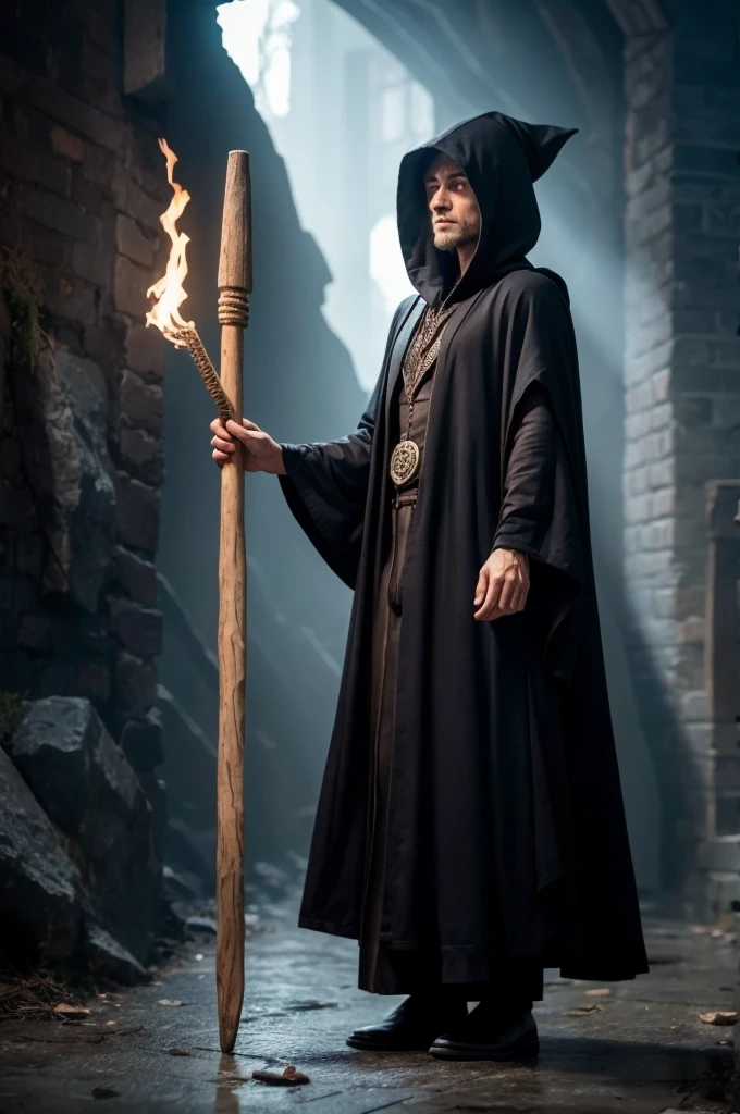 Mulher standing backwards e corpo inteiro com manto de mago, wizard vestes, with magic stick in hand, hooded cloak movement, old wizard cloak, standing backwards, White background, virado standing backwards