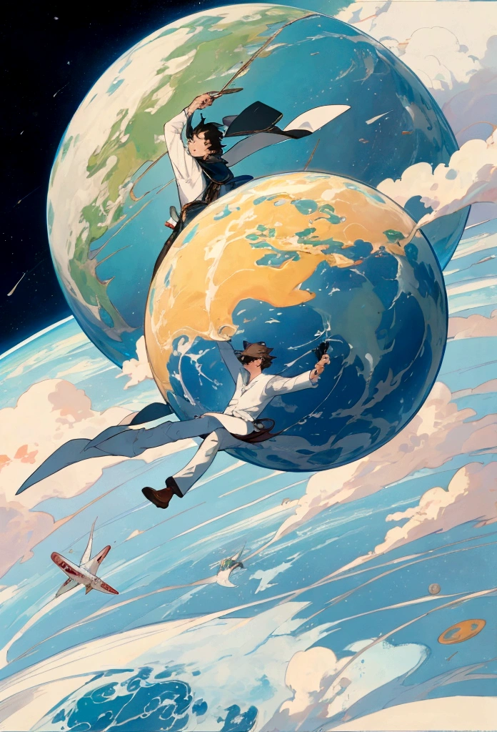 A man flies through the sky,Surrounded by a planet,A variety of goods surround it。The man holds the map,'s illustration。