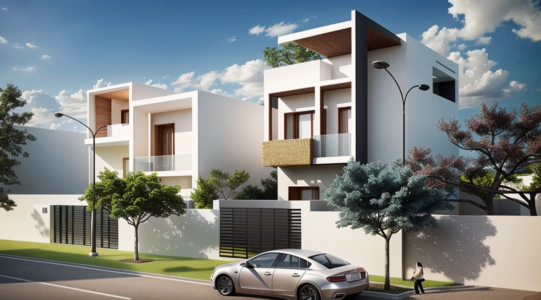 1 architecte moderne, main material by white wall and wood, 1 large courtyard, 1 road passes in front of the house,  (Photo brute, real, best quality, head of&#39;artwork:1.2), avoir l&#39;modern and minimalist look, 1 route devant la maison, dynamic lighting:1.3, (hyper realistic, photo-realistic:1.2), High quality, (dark lighting:1.2), perfect lighting, archquotidiennement, no&#39;humain