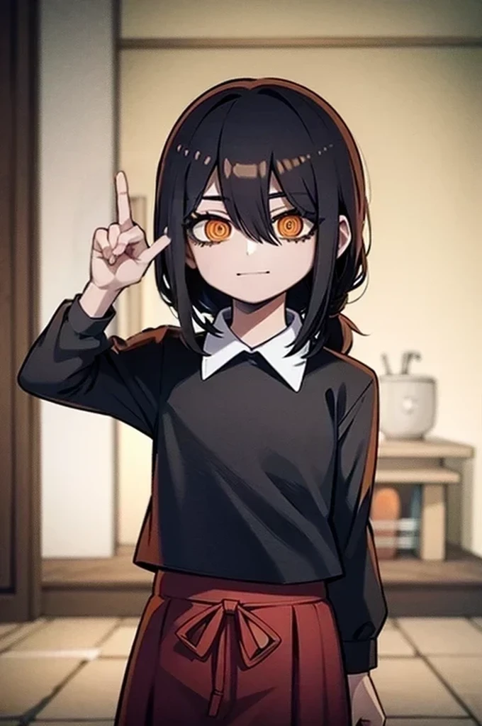 1 girl, solo, Nayuta (chainsaw man), black hair, x hair ornament, long hair, hair ornament, orange eyes, looking at viewer, long sleeves, dress, uniform, smile, ribbon hair, closed mouth, shirt black, hair between eyes, traditional media, (giving half a finger)