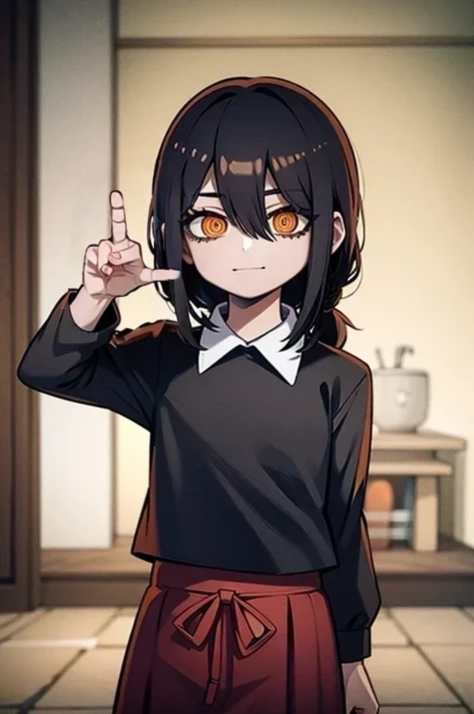 1 girl, solo, Nayuta (chainsaw man), black hair, x hair ornament, long hair, hair ornament, orange eyes, looking at viewer, long sleeves, dress, uniform, smile, ribbon hair, closed mouth, shirt black, hair between eyes, traditional media, (giving half a finger)