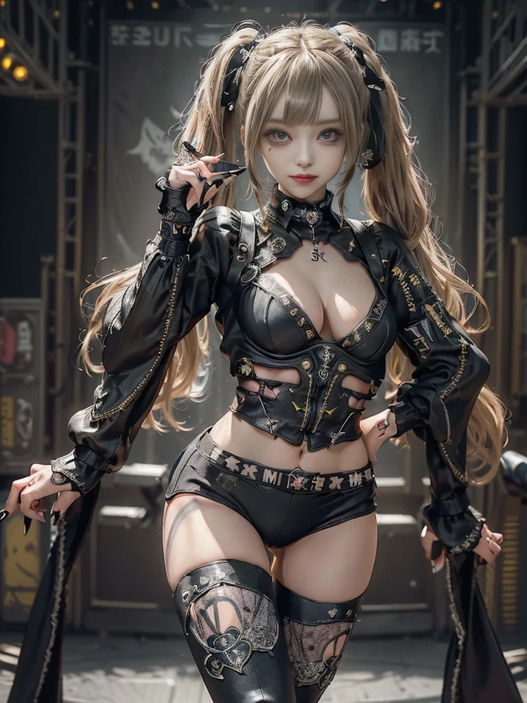 (Full Body View:1.4)、(Side view:1.1)、(Smiling with teeth showing:1.3),(Shibuya Gal:1.5)、(Gothic Lolita style fashion:1.5)、(Punk RockVisual Kei:1.5)、(Wearing a rhythmic gymnastics bodysuit with intricate details:1.4)、(Racing suit and pants with intricate white, yellow and charcoal decorations:1.5)、(Denim and yellow and black boots:1.3)、((belt))、(Numerous delicate logo marks all over the costume:1.4)、(collar:1.3)、(Striped underwear:1.5)、20-year-old、NSFW、((Highest quality、In 8K、masterpiece:1.3))、Sharp focus:1.2、(Layered Cut、Huge boobs:1.1),Beautiful woman with perfect figure:1.4、(Dancing vigorously:1.3)、Slender Abs:1.2、Highly detailed face and skin texture、Detailed eyes、double eyelid,(Twin tails:1.3)、(Brown-golden hair:1.3)、Gravure idol、(The background is the stage of the fashion show:1.3)、(Slim body:1.3),(Make your legs thinner:1.4),（clavicle:1.1）、(Thin and slim thighs:1.3)