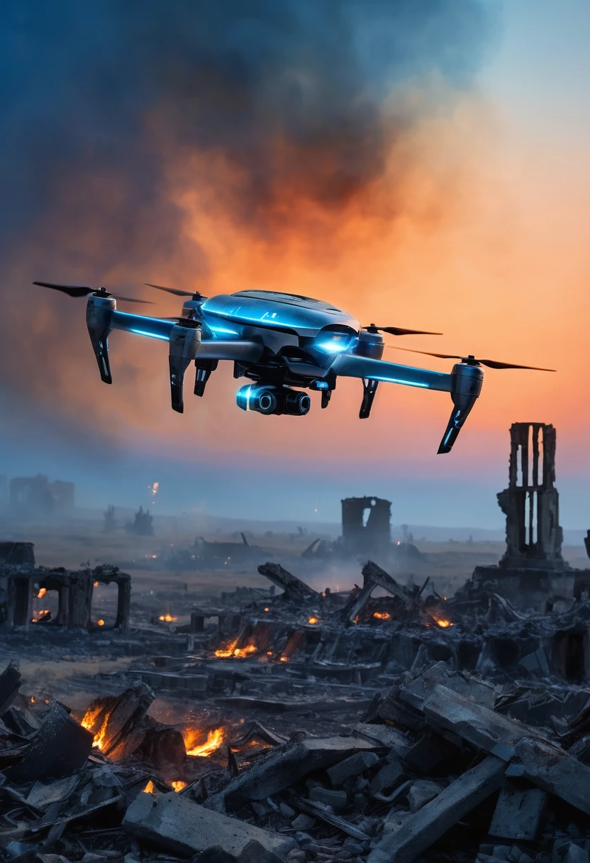 A sleek, silver-plated robotic drone hovers silently over a scorched battlefield, emitting a soft blue glow amidst the ruins. The sky above is streaked with orange from distant fires, casting an eerie twilight over the scene