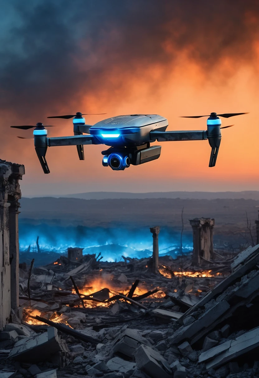 A sleek, silver-plated robotic drone hovers silently over a scorched battlefield, emitting a soft blue glow amidst the ruins. The sky above is streaked with orange from distant fires, casting an eerie twilight over the scene