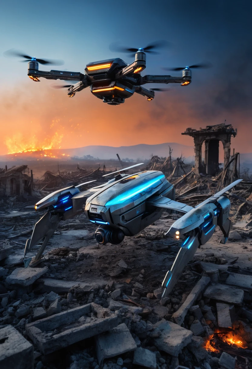 A sleek, silver-plated robotic drone hovers silently over a scorched battlefield, emitting a soft blue glow amidst the ruins. The sky above is streaked with orange from distant fires, casting an eerie twilight over the scene