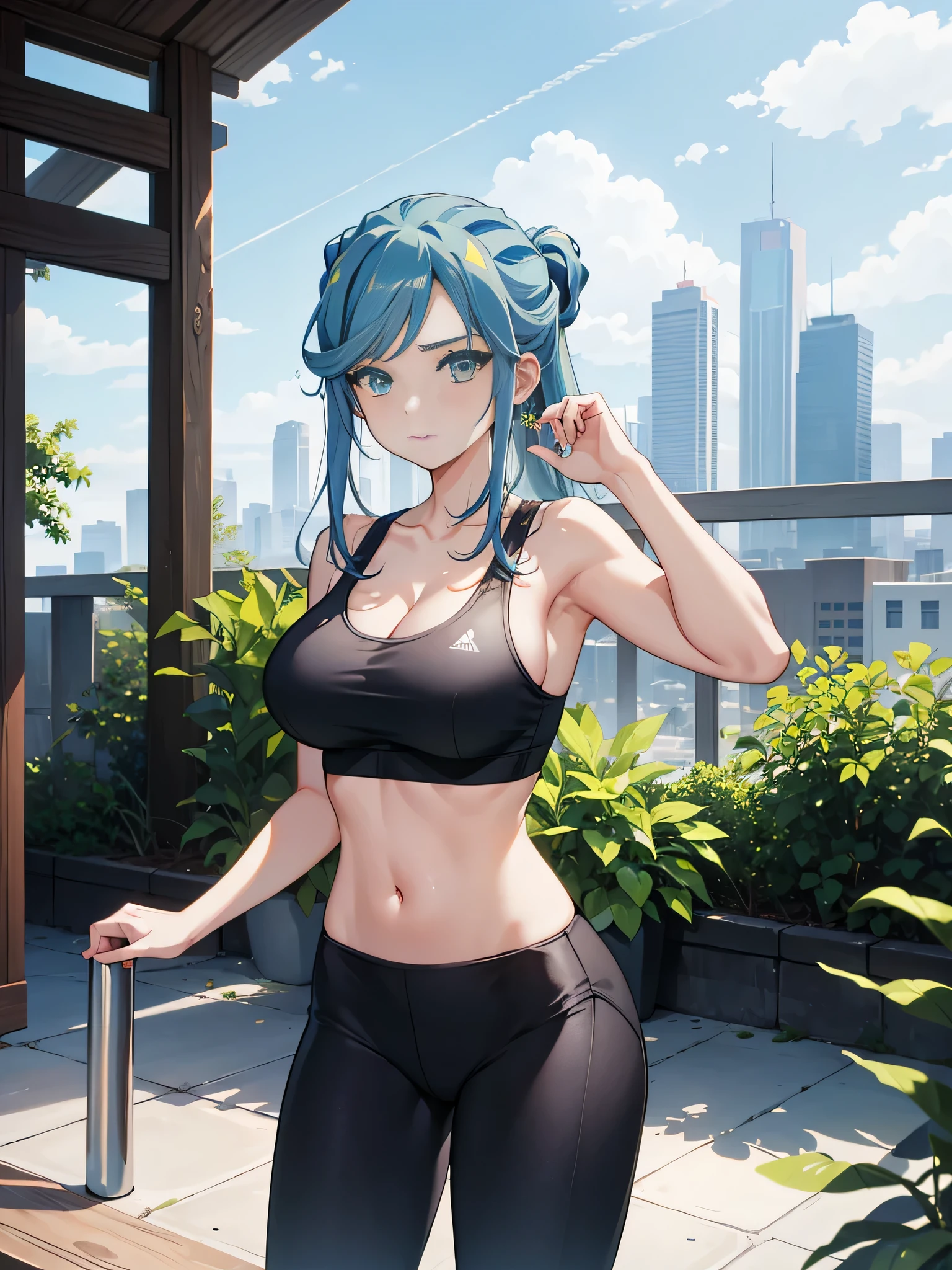 masterpiece、Highest quality、High resolution、Gym、グルーシャ as a woman、solo、1 female、Big Breasts、A woman with very large breasts、Her hairstyle is long、Light blue, Half Up, There is a green gradient.、Black sports bra、Black yoga pants、sports bra with an black、yoga pants with an black、sports bra and yoga pants only、Are standing、looking at viewer、Cowboy Shot、(female body:1.3)、