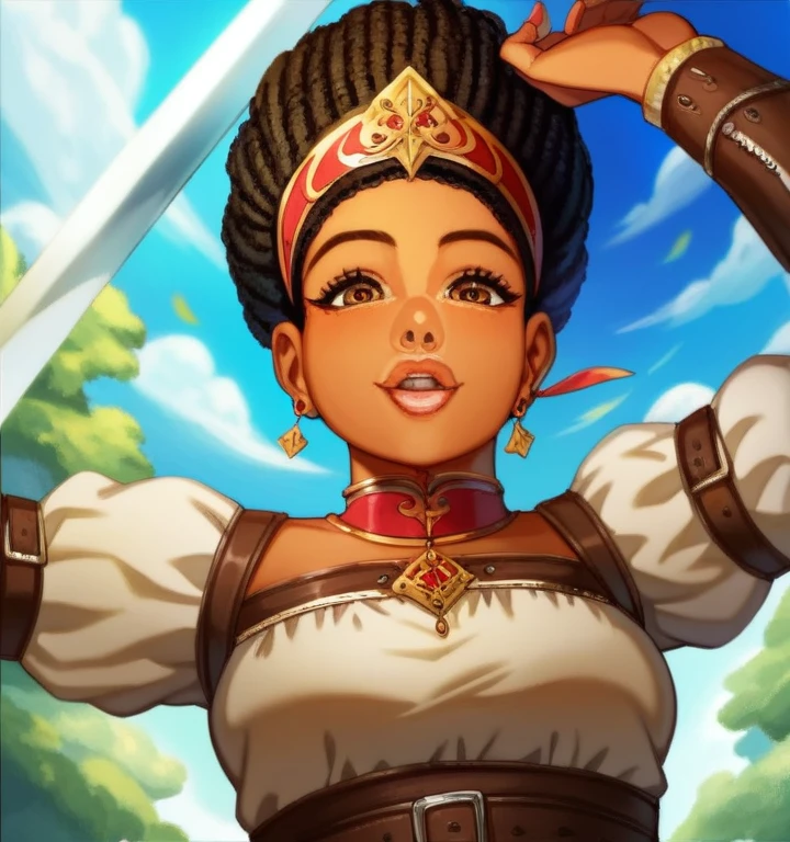 ((masterpiece, best quality, ultra detailed, beautiful illustration)), medieval warrior woman, atmospheric perspective, depth of field, looking at viewer, beautiful detailed eyes, solo, ((black skin:0.8)), ((African girl)), ((latin)), honey eyes, exquisite face, anime eyes: 1.4, short afro hair upwards with headband, 175 cm tall, ((dynamic pose)). dynamic angle, ((brave expression)), 1 girl, young adult woman, athletic and curvy figure, heavy paladin armor, ((medieval fantasy shield in Left hand)), ((long great sword in Right hand)), (normal breasts: 1.1), a medieval battlefield. ((full body image)).