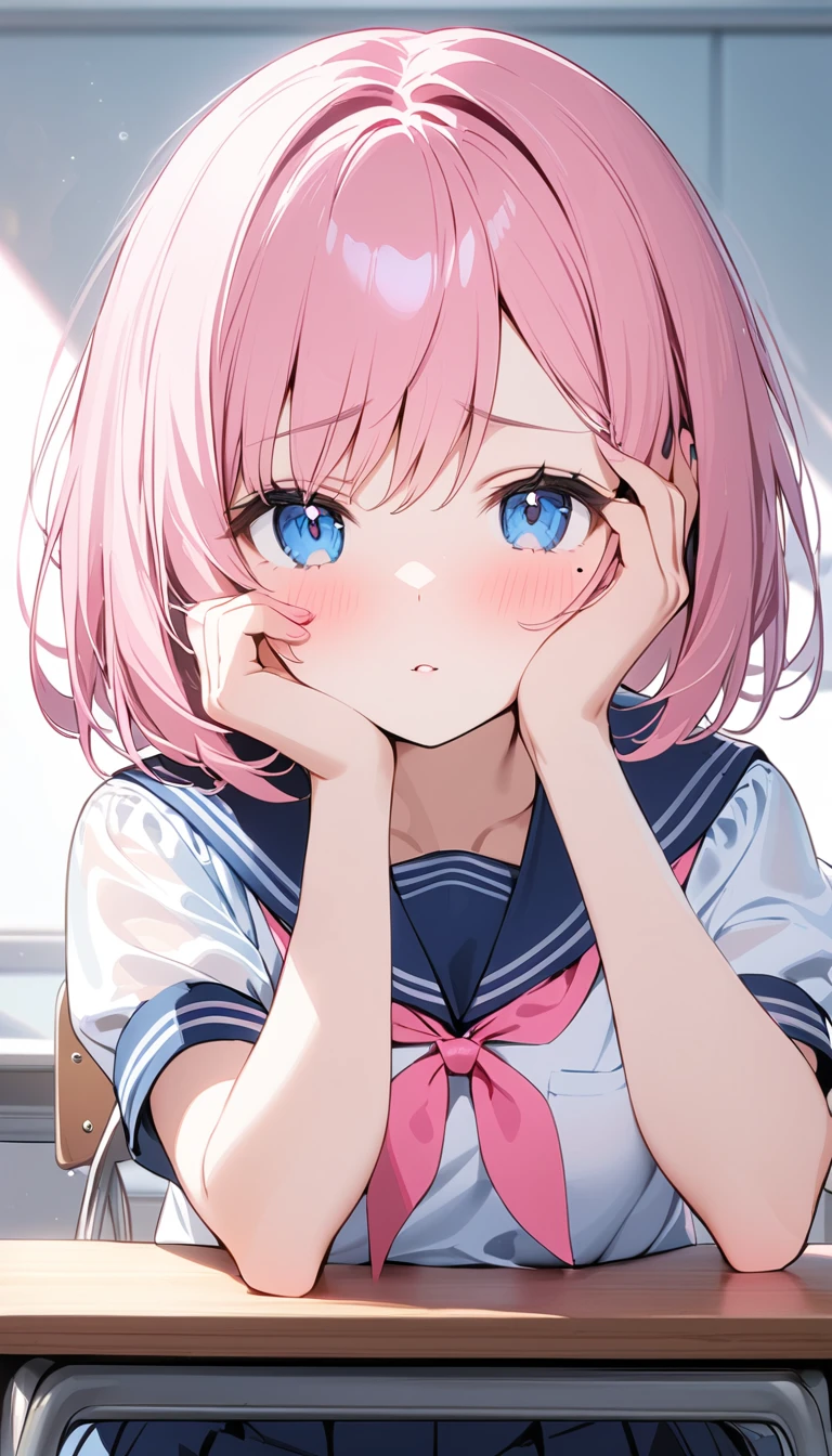 (1 girl),(Best Picture Quality, 8K, Masterpiece:1.3), (high school student:1.5), ((pink lob hair:1.1)), (bob cut),(swept bangs), (cute eyes, pupil black, iris skyblue, youthful face), (mole under right eye), (standard weight), (small breasts), (glistening skin:1.1),(pale skin:1.2), ((serafuku, white sailor short sleeve simple shirt, darkblue skirt, darkblue sailor collar, pink ribbon)),(sitting on a chair),(a class in session),((hands up,elbows on desk, face palm)),((front view:1.3)),,(looking at viewer),