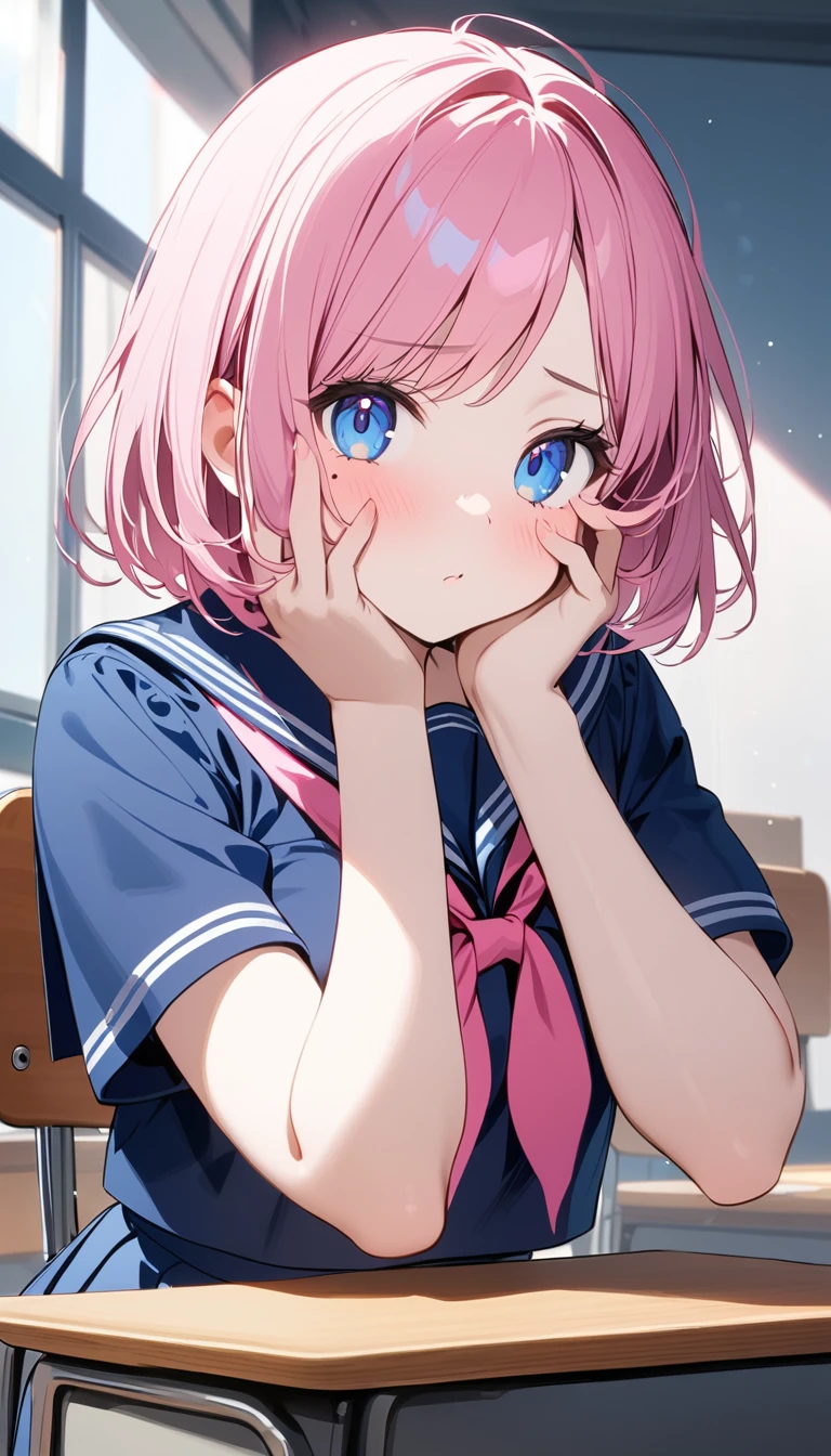 (1 girl),(Best Picture Quality, 8K, Masterpiece:1.3), (high school student:1.5), ((pink lob hair:1.1)), (bob cut),(swept bangs), (cute eyes, pupil black, iris skyblue, youthful face), (mole under right eye), (standard weight), (small breasts), (glistening skin:1.1),(pale skin:1.2), ((serafuku, white sailor short sleeve simple shirt, darkblue skirt, darkblue sailor collar, pink ribbon)),(sitting on a chair),(a class in session),((hands up,elbows on desk, face palm)),((front view:1.3)),,(looking at viewer),
