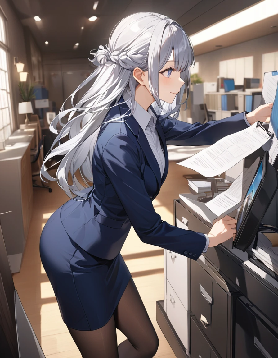 8K, Highest quality, masterpiece, Wallpapers by Unity 8K, office、(One Girl) , 、 Perfect detail, (Best lighting) , (Very intricate detail)、Big eyes、masterpieceサイドライト、(((Silver Hair))),(Her hair color is a blue-gray gradient), Semi-long hair, Very detailed, ,Larger breasts、office lady,  {Navy blue business suit、white business shirt, Navy blue pencil skirt、 pantyhose}, officeのロビー、profile、smile