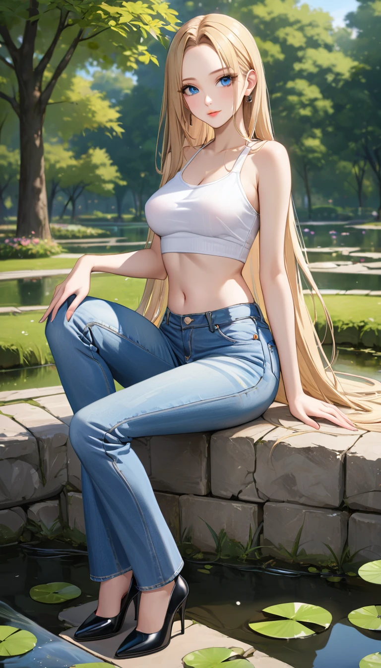 ((best quality, masterpiece:1.3, 8K)), (detailed), highly detailed face and skin texture, detailed eyes, sitting, (seductive pose:1.1), park, pond, full body, (slender body:1.1), 1girl, 25 years old, white skin, blue eyes, bright lips, seductive smile, blonde hair, straight hair, very long hair, (forehead:1.0), white croptop, medium breast, hard nipples, navel, jeans pants, (flares jeans:1.2), light blue jeans, black heels,