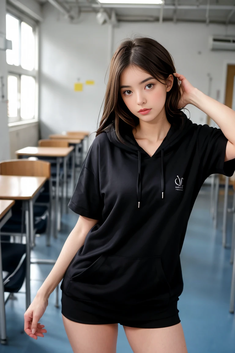 deux femmes ensemble de 18 ans sexy et mince , black short sleeve hoodie , salle de classe, se touche,position sey,sensuel