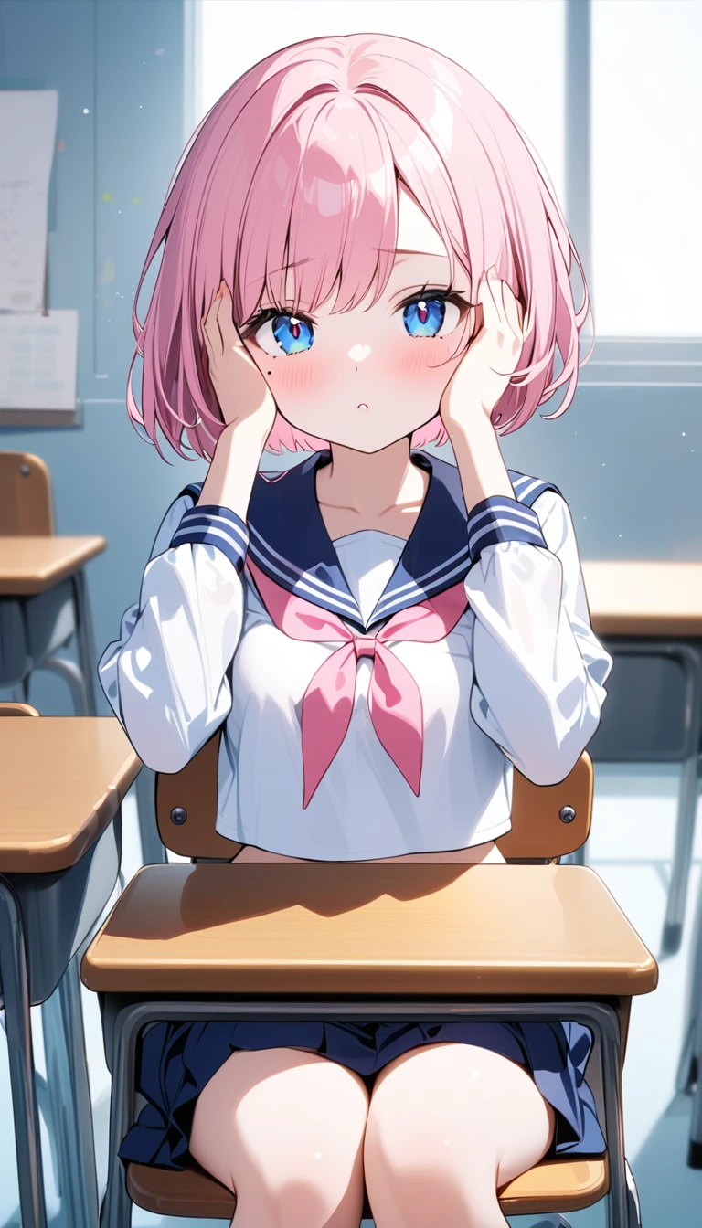 (1 girl),(Best Picture Quality, 8K, Masterpiece:1.3), (high school student:1.5), ((pink lob hair:1.1)), (bob cut),(swept bangs), (cute eyes, pupil black, iris skyblue, youthful face), (mole under right eye), (standard weight), (small breasts), (glistening skin:1.1),(pale skin:1.2), ((serafuku, white sailor short sleeve simple shirt, darkblue skirt, darkblue sailor collar, pink ribbon)),(sitting on a chair),(a class in session),((hands up,elbows on desk, face palm)),((front view:1.3)),,(looking at viewer),