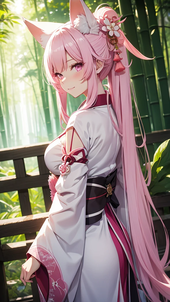 bamboo_forests,kimono white, detached sleeves,pink_fox _ears,pink_coyote_tail(soft),pink_hair(very long),dark_purple_eyes,(genshin impact)_(yae miko),1_beautiful_girl,cute_face,beautiful,best_quality,good_anatomy ,large breasts ,smirk, japnese fan,looking from back