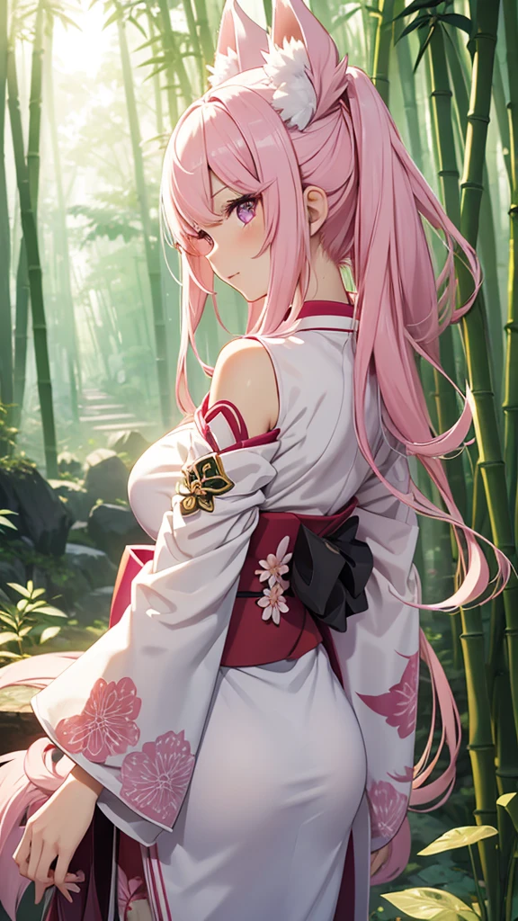 bamboo_forests,kimono white, detached sleeves,pink_fox _ears,pink_coyote_tail(soft),pink_hair(very long),dark_purple_eyes,(genshin impact)_(yae miko),1_beautiful_girl,cute_face,beautiful,best_quality,good_anatomy ,large breasts ,smirk, japnese fan,looking from back