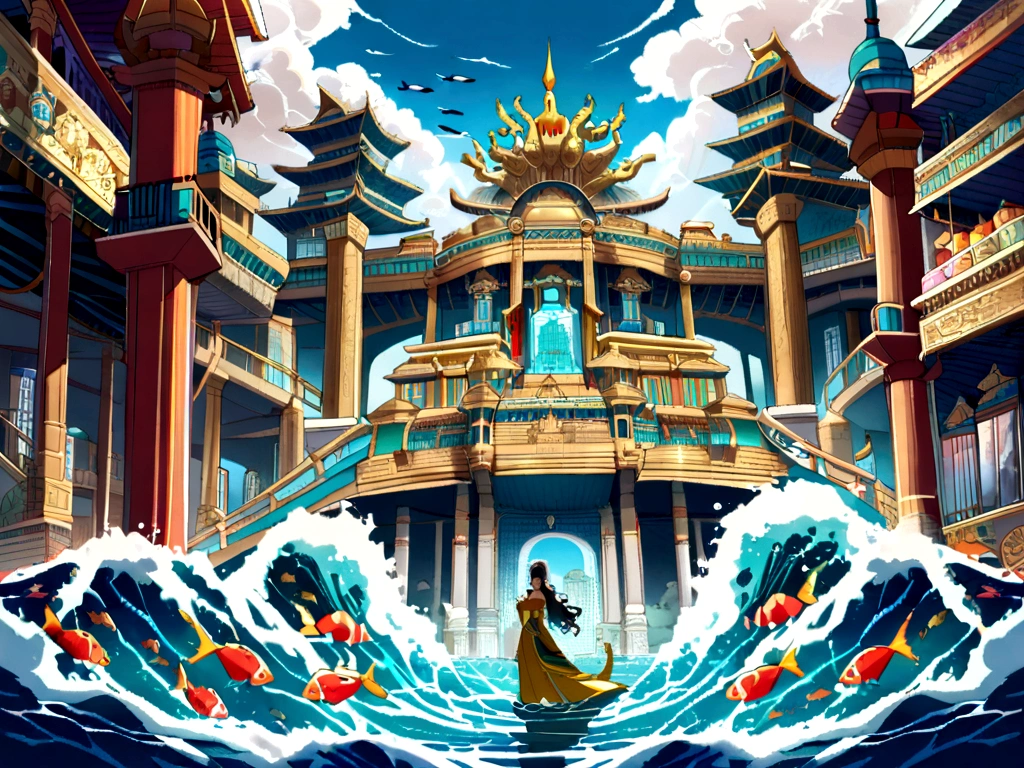 1. 中国myth, Dragon King of the East Sea, majestic, powerful, (deity:1.3), (Serpentine:1.2), (beard:0.8), (Whiskers:0.9), (Huge scale:1.5), scales, Vibrant colors, shimmering water, (Coral Reef:1.1), (Golden crown:1.2), (Dragon throne:1.4), (Flowing robe:1.1), (Dragon beard ornament:1.3), (Emerald eyes:1.2), (Pearl Necklace:1.2), (Golden Trident:1.4), (Suspension:1.1), (Sky Clouds:1.3), (Flashing bright lights:1.2), (waves crashing:1.3), (A palace full of treasures:1.5), (School of colorful fish:1.2), (Underwater city:1.4), Gorgeous, myth, Gorgeous, Extensive and detailed, standing with distance, Traditional Chinese architecture.
