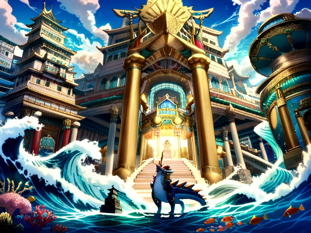 1. 中国myth, Dragon King of the East Sea, majestic, powerful, (deity:1.3), (Serpentine:1.2), (beard:0.8), (Whiskers:0.9), (Huge scale:1.5), scales, Vibrant colors, shimmering water, (Coral Reef:1.1), (Golden crown:1.2), (Dragon throne:1.4), (Flowing robe:1.1), (Dragon beard ornament:1.3), (Emerald eyes:1.2), (Pearl Necklace:1.2), (Golden Trident:1.4), (Suspension:1.1), (Sky Clouds:1.3), (Flashing bright lights:1.2), (waves crashing:1.3), (A palace full of treasures:1.5), (School of colorful fish:1.2), (Underwater city:1.4), Gorgeous, myth, Gorgeous, Extensive and detailed, standing with distance, Traditional Chinese architecture.