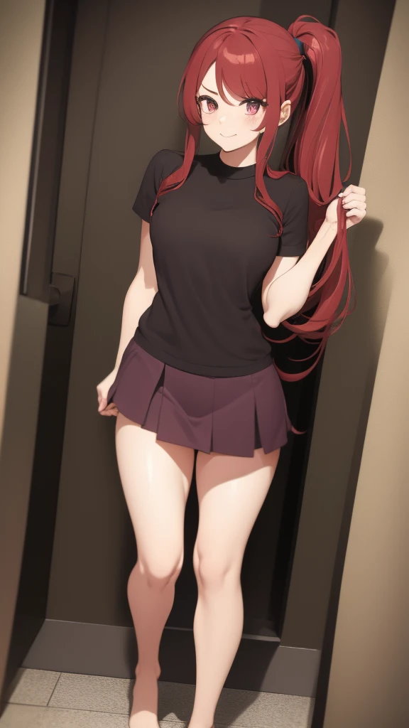 high tail hairstyle, Ponytail hairstyle, Long wavy black hair, standing posing, anime girl style, pixel art anime style,penetrating look with deep eyes,red and purple eyes, hair with a ponytail hairstyle trapped with a big red bun, Women, red hair clips, x color shaped hair clips , smiling face blush, using a towel, getting out of the bathtub