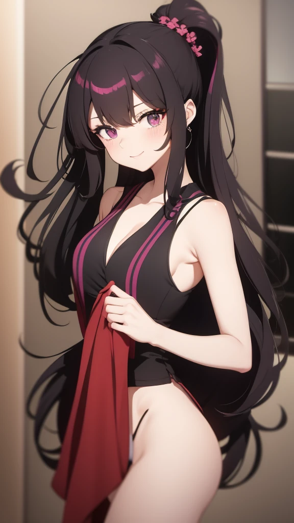 high tail hairstyle, Ponytail hairstyle, Long wavy black hair, standing posing, anime girl style, pixel art anime style,penetrating look with deep eyes,red and purple eyes, hair with a ponytail hairstyle trapped with a big red bun, Women, red hair clips, x color shaped hair clips , smiling face blush, using a towel, getting out of the bathtub
