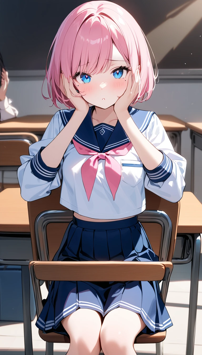 (1 girl),(Best Picture Quality, 8K, Masterpiece:1.3), (high school student:1.5), ((pink lob hair:1.1)), (bob cut),(swept bangs), (cute eyes, pupil black, iris skyblue, youthful face), (mole under right eye), (standard weight), (small breasts), (glistening skin:1.1),(pale skin:1.2), ((serafuku, white sailor short sleeve simple shirt, darkblue skirt, darkblue sailor collar, pink ribbon)),(sitting on a chair),(a class in session),((hands up,elbows on desk, face palm)),((front view:1.3)),,(looking at viewer),