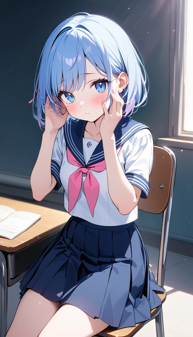 (1 girl),(Best Picture Quality, 8K, Masterpiece:1.3), (high school student:1.5), ((pink lob hair:1.1)), (bob cut),(swept bangs), (cute eyes, pupil black, iris skyblue, youthful face), (mole under right eye), (standard weight), (small breasts), (glistening skin:1.1),(pale skin:1.2), ((serafuku, white sailor short sleeve simple shirt, darkblue skirt, darkblue sailor collar, pink ribbon)),(sitting on a chair),(a class in session),((hands up,elbows on desk, face palm)),((front view:1.3)),,(looking at viewer),