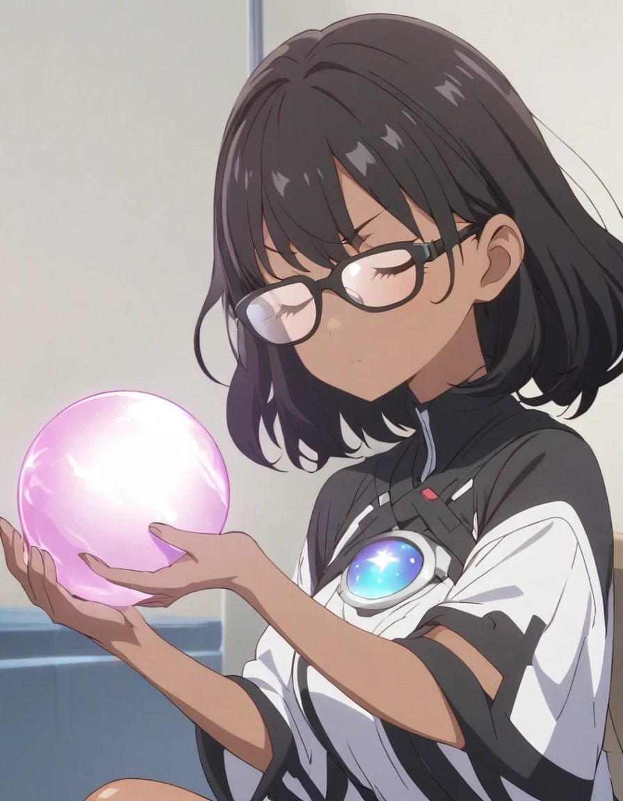 ((One girl)), anime, Short black hair, Dark Skin, Shiny glasses lenses, Mouth closed and expressionless, Sitting, She holds a glowing sphere in her hand.、Two other glowing spheres orbit her..