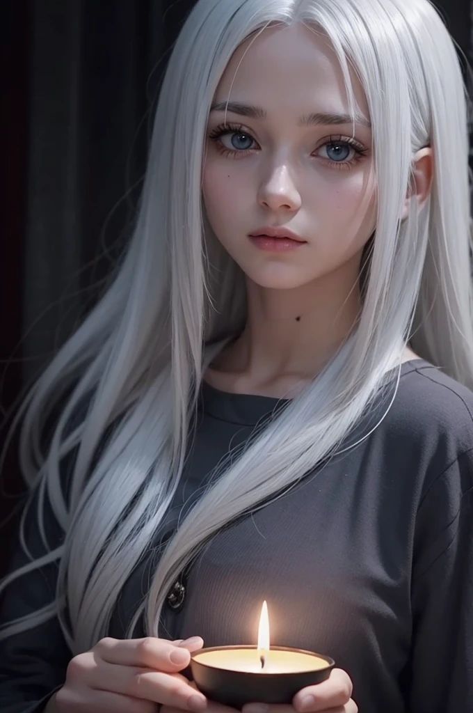 Fassa uma thumb de video , of a girl with white hair in a very dark place , holding a candle that only gives a little light in anime.