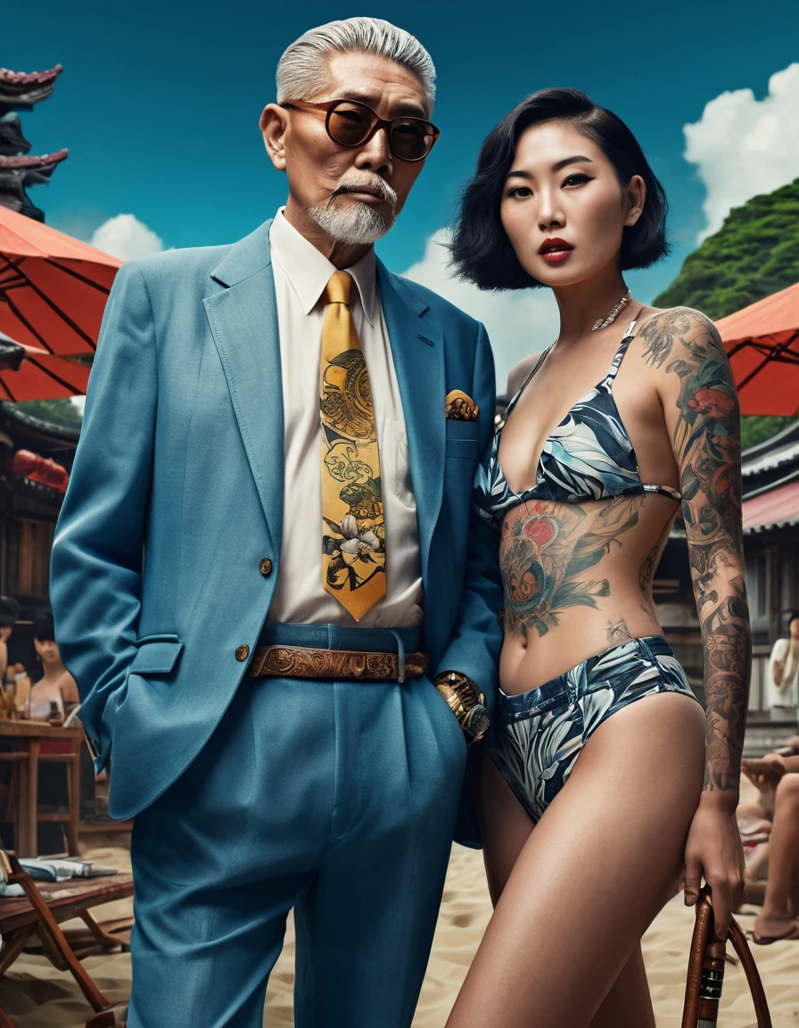 Created a realistic 'Pemburu Tobrut' movie poster showing a thin old man, neat & dapper clothes, cigar smoker, short sleek mid fade hair, short jeans, with typical yakuza tattoos all over his body, he is holding a woman's beachwear in an adventurous atmosphere , with futuristic elements, dramatic lighting, and the tagline 'Tiny Paws, Epic Quests: Unleash the Adventure with Pemburu Tobrut!' with a release date of July 5, 2024, conceptual art, graffiti, wildlife photography, portrait photography, poster, cinematic, typography, illustration, photo, painting, fashion, architecture, dark fantasy, vibrant, ukiyo-e