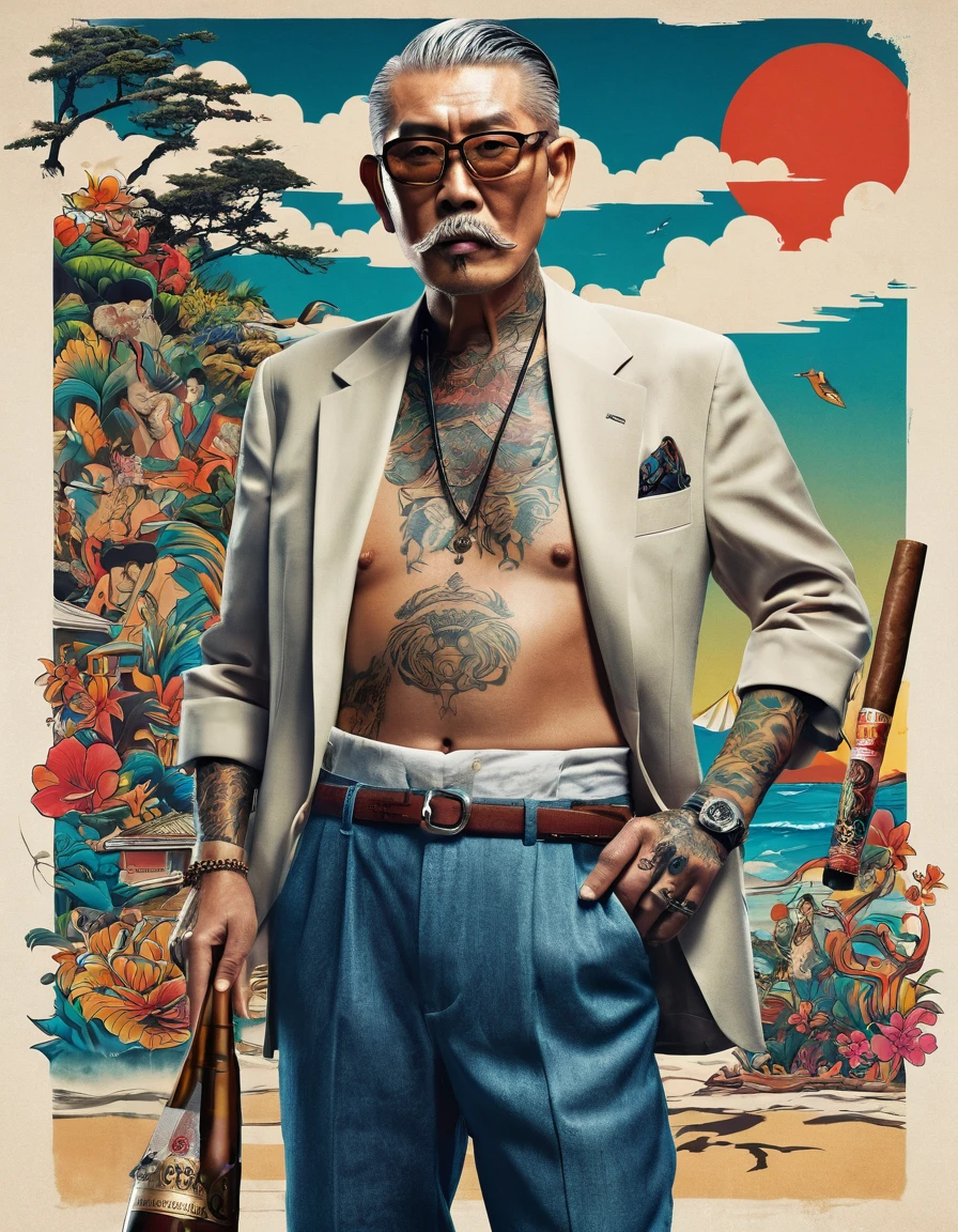 Created a realistic 'Pemburu Tobrut' movie poster showing a thin old man, neat & dapper clothes, cigar smoker, short sleek mid fade hair, short jeans, with typical yakuza tattoos all over his body, he is holding a woman's beachwear in an adventurous atmosphere , with futuristic elements, dramatic lighting, and the tagline 'Tiny Paws, Epic Quests: Unleash the Adventure with Pemburu Tobrut!' with a release date of July 5, 2024, conceptual art, graffiti, wildlife photography, portrait photography, poster, cinematic, typography, illustration, photo, painting, fashion, architecture, dark fantasy, vibrant, ukiyo-e