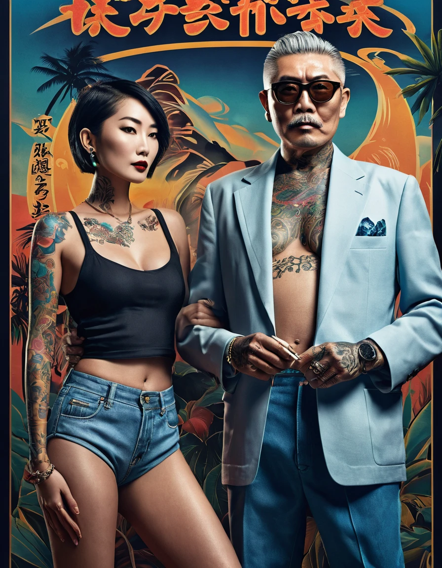 Created a realistic 'Pemburu Tobrut' movie poster showing a thin old man, neat & dapper clothes, cigar smoker, short sleek mid fade hair, short jeans, with typical yakuza tattoos all over his body, he is holding a woman's beachwear in an adventurous atmosphere , with futuristic elements, dramatic lighting, and the tagline 'Tiny Paws, Epic Quests: Unleash the Adventure with Pemburu Tobrut!' with a release date of July 5, 2024, conceptual art, graffiti, wildlife photography, portrait photography, poster, cinematic, typography, illustration, photo, painting, fashion, architecture, dark fantasy, vibrant, ukiyo-e